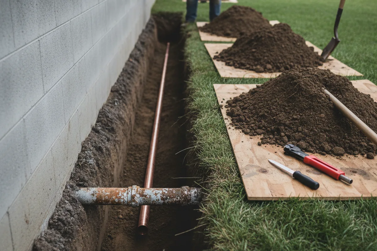 Excavated water line trench during Water Softener Installation in Ostrander